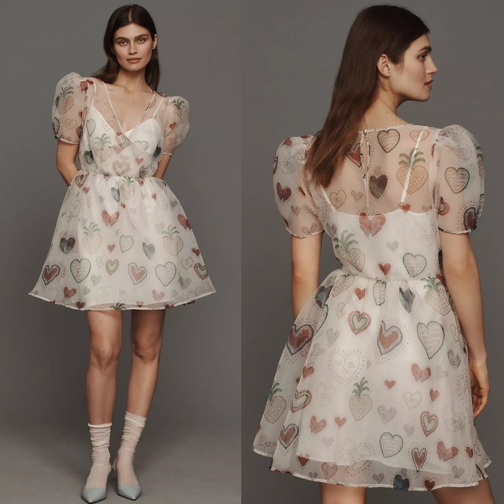 Anthropologie FARM‎ Rio Semi-Sheer Puff-Sleeve Mini Dress Size S Heart Print NWT